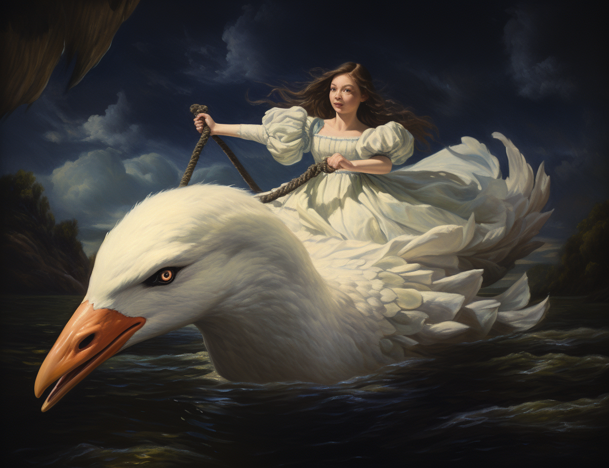 Art of girl riding swan