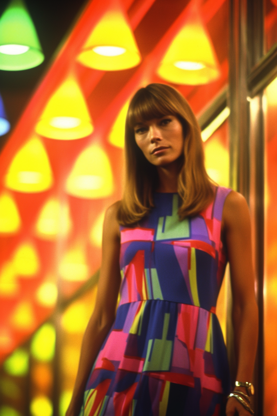 Francoise Hardy wearing colorful 80s dress