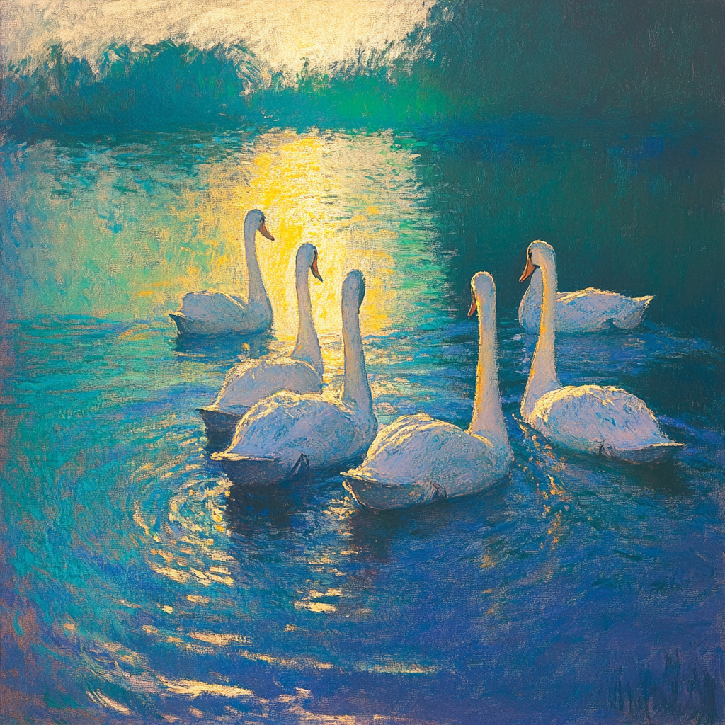 Impressionist scene with swan lake