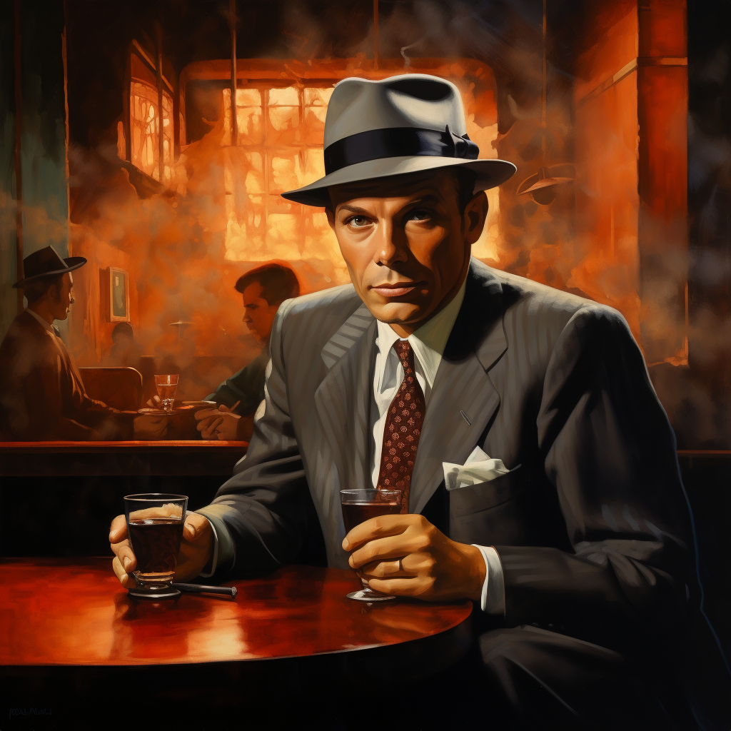 Art deco painting of Frank Sinatra smoking at a bar