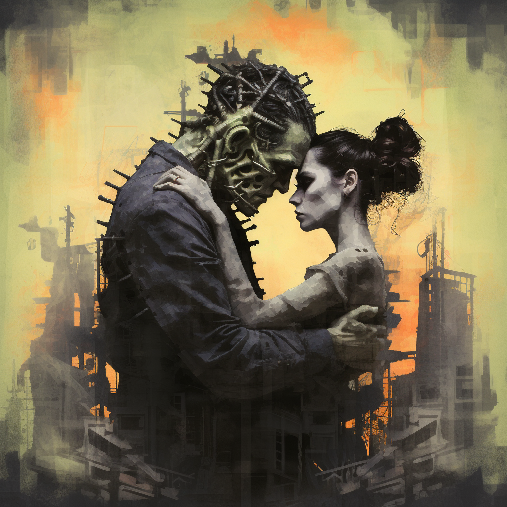 Romantic Frankenstein and Bride Embracing in Chaos