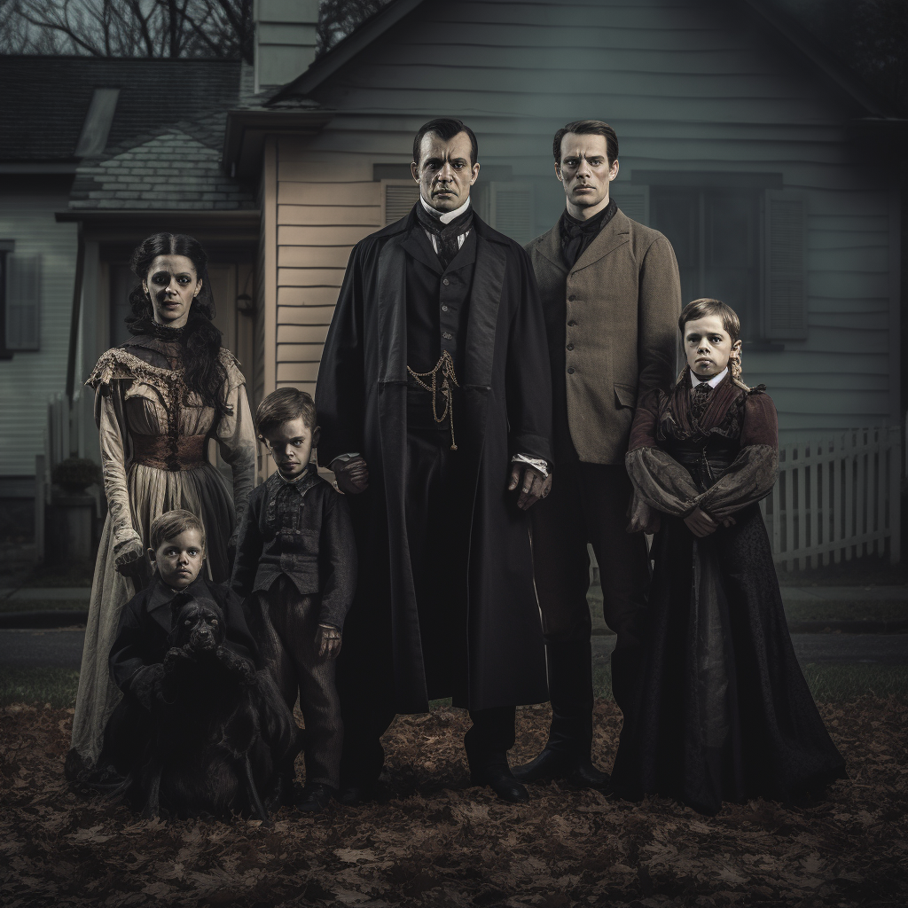 Frankenstein family posing in front of their house