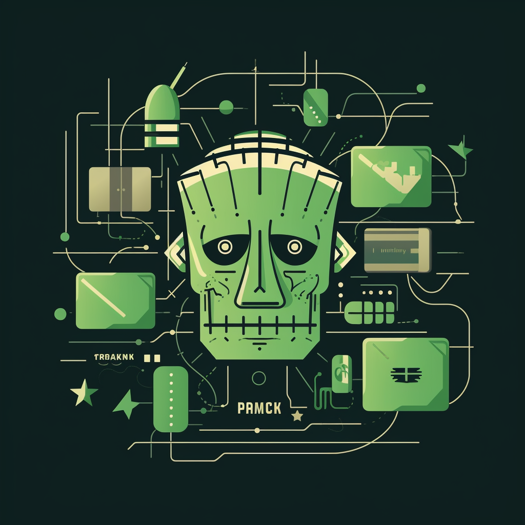 Frankenstein monster with spoof bank logos and credit cards