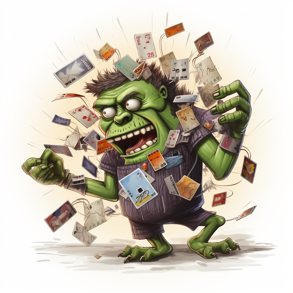 Frankenstein creature holding multiple credit cards