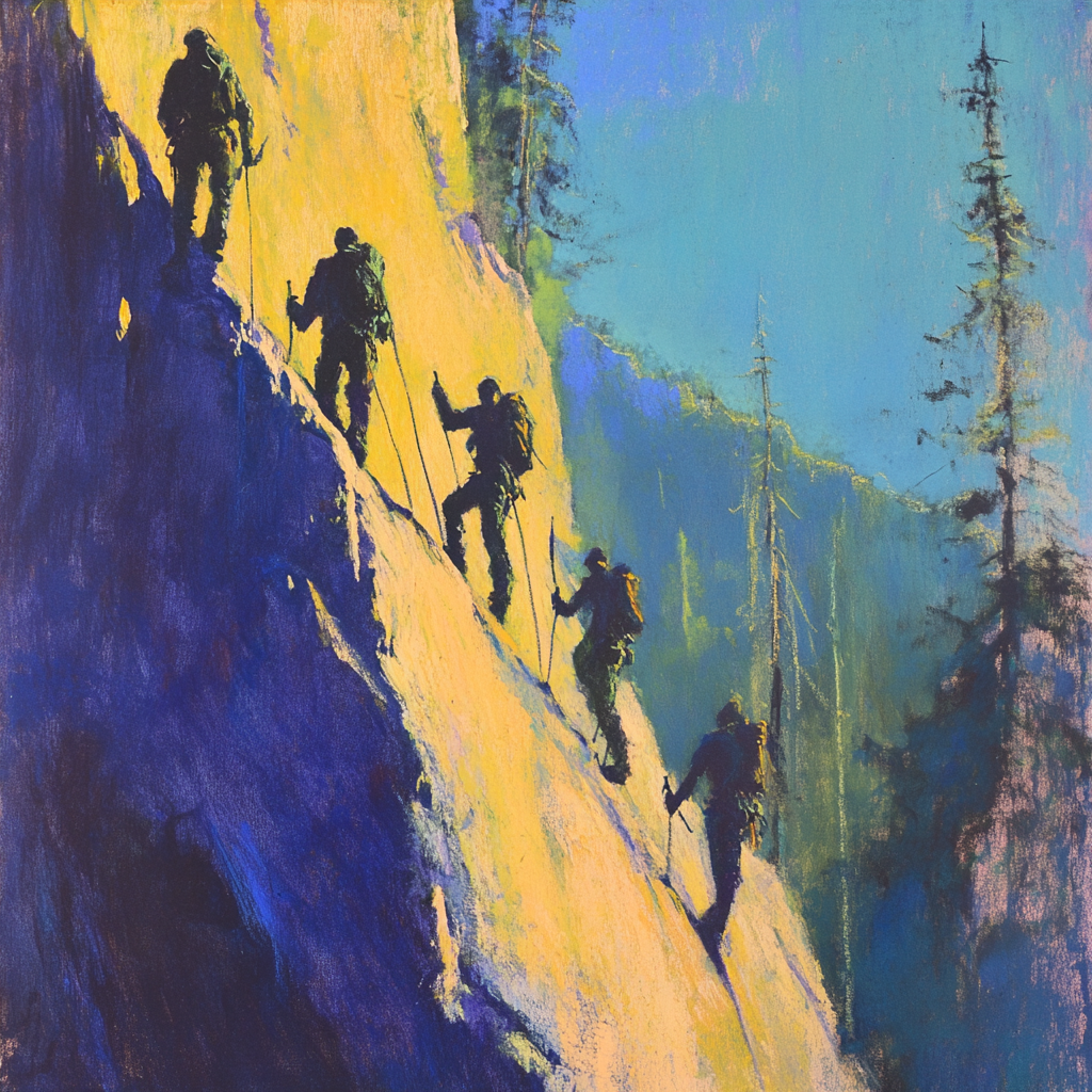 Impressionist oil painting alpinists climbing quarry