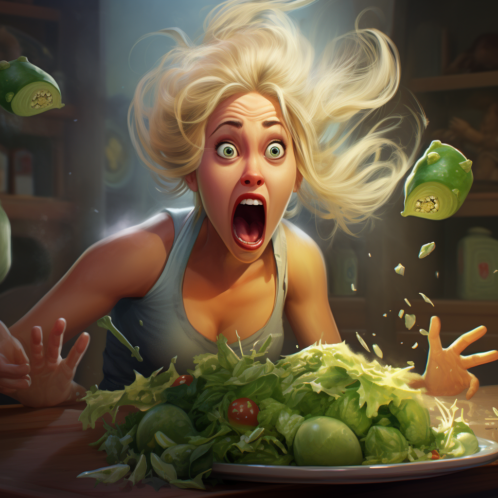 Woman eating green salad with anthropomorphic fruit