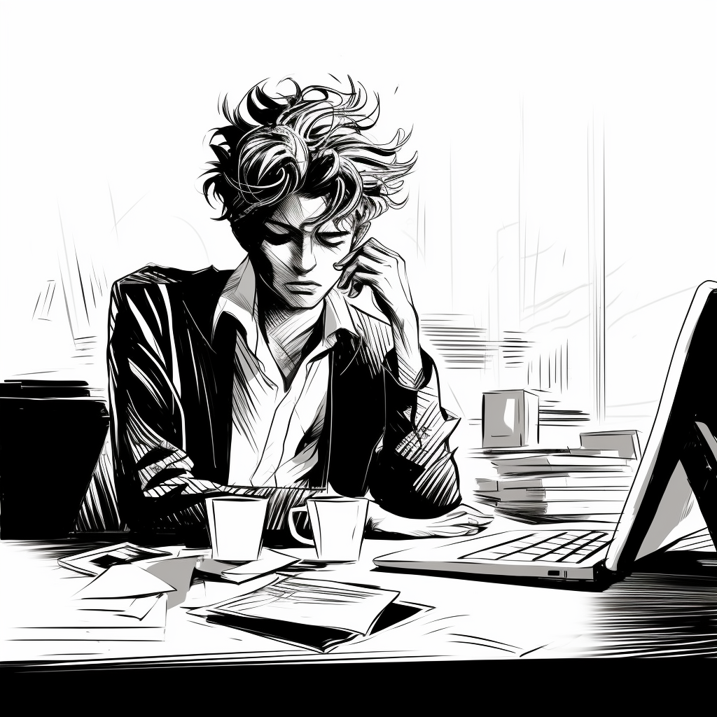 Black and white line drawing of frazzled office worker