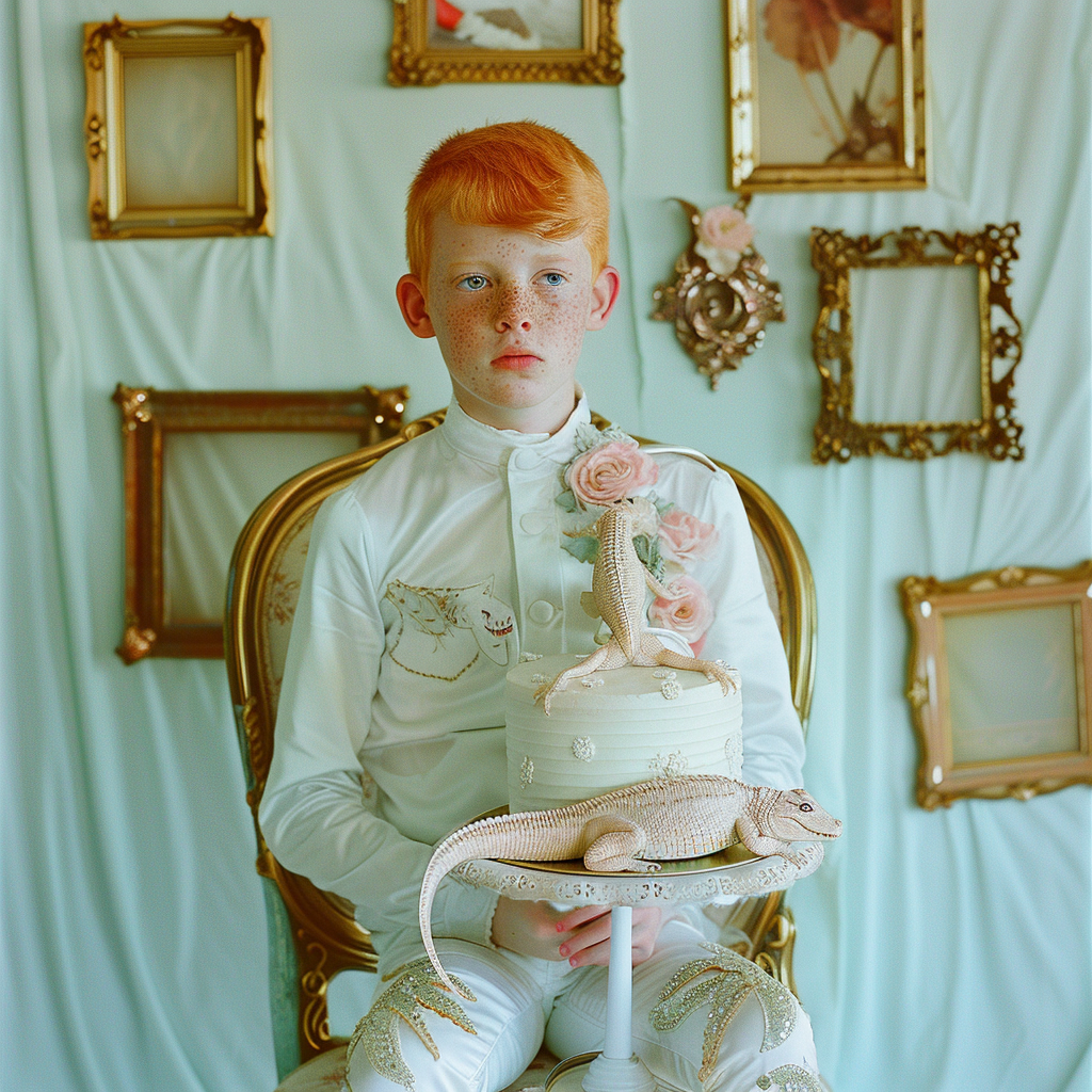 Freckled boy in white latex pants