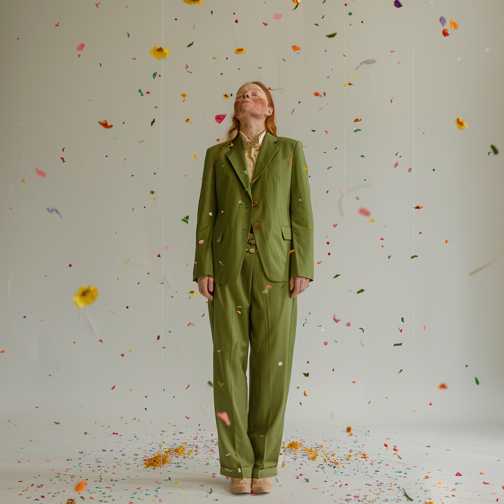 Freckled woman in green pants suit