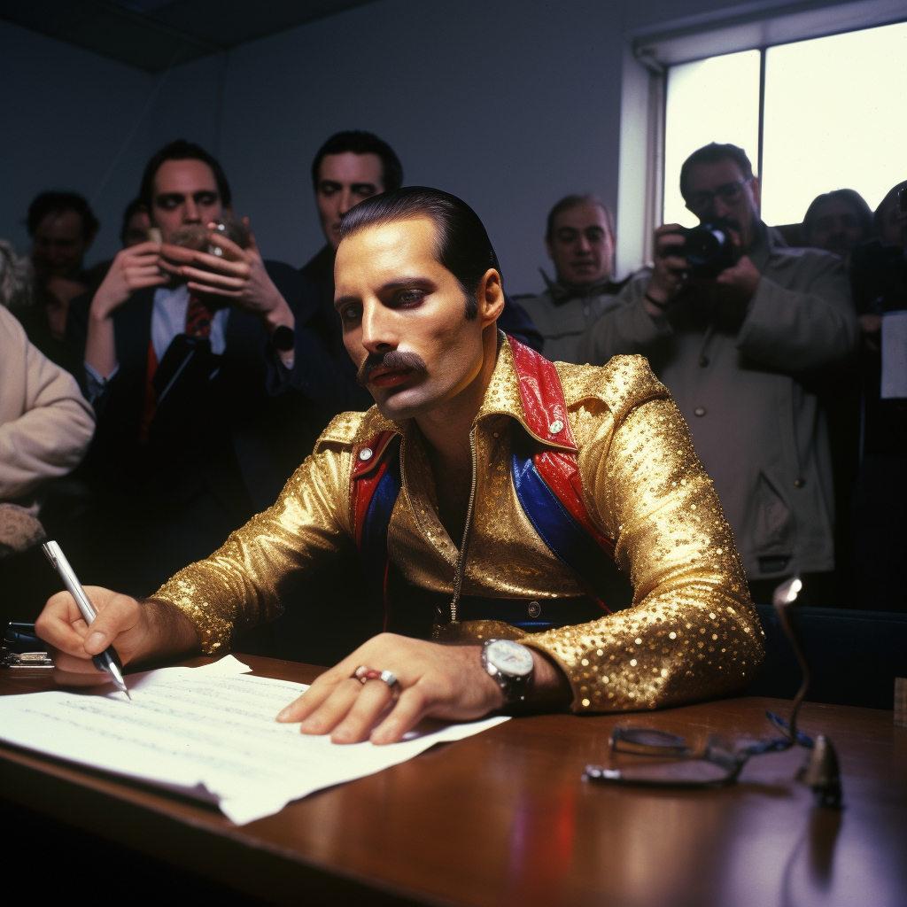 Freddie Mercury signing declaration of independence