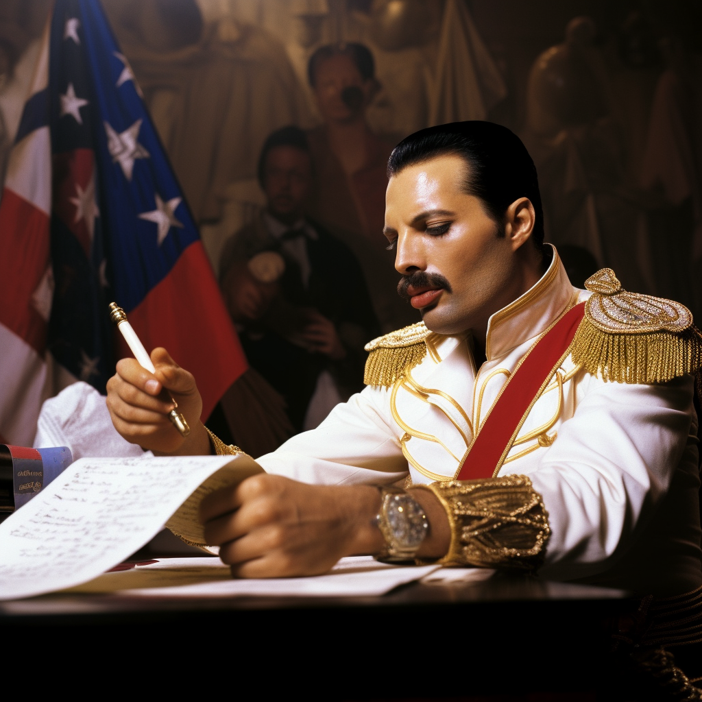 Freddie Mercury signing the Declaration of Independence