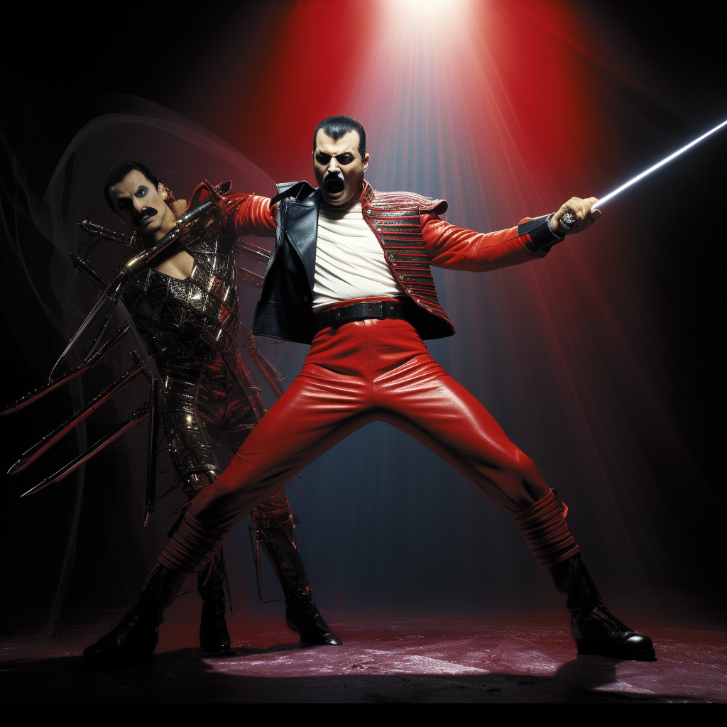 Freddie Mercury and Freddy Krueger engaging in lightsaber duel