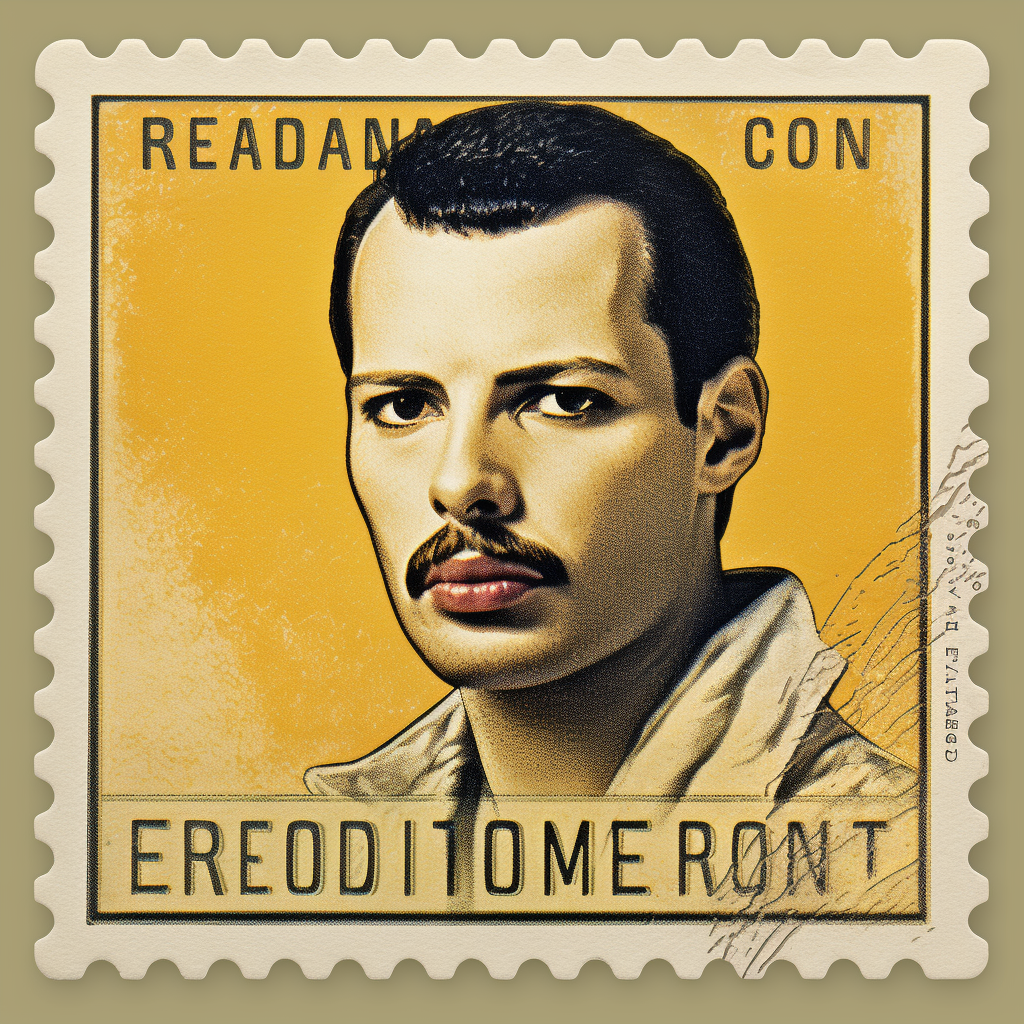 Ultraphotorealistic portrait of Freddie Mercury on stamp