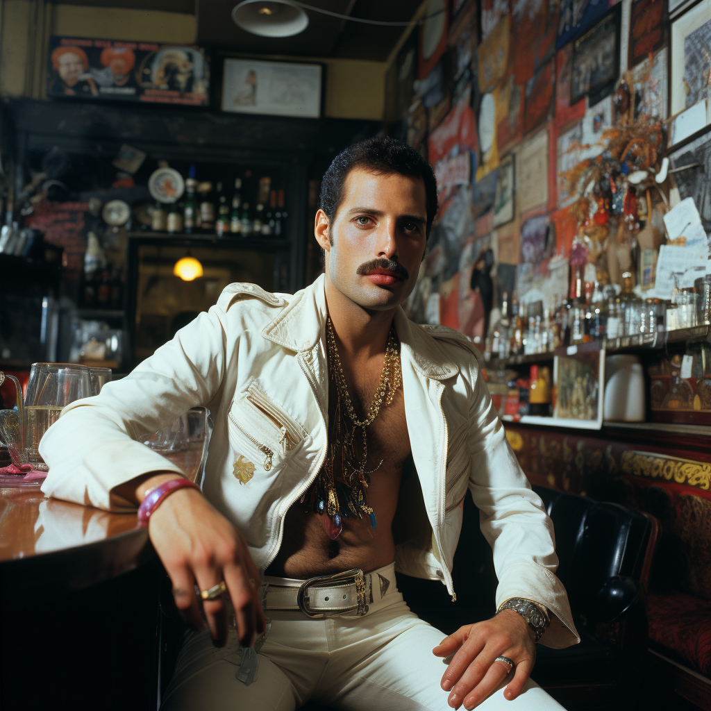 Freddie Mercury sitting in a bar wearing a performance suit