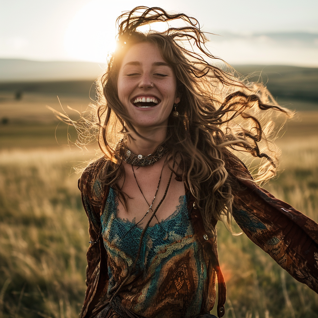 Joyful person dancing in a field