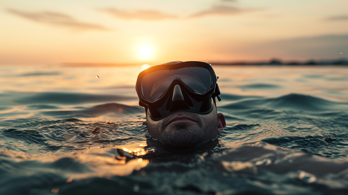 Free diver inhaling at water surface