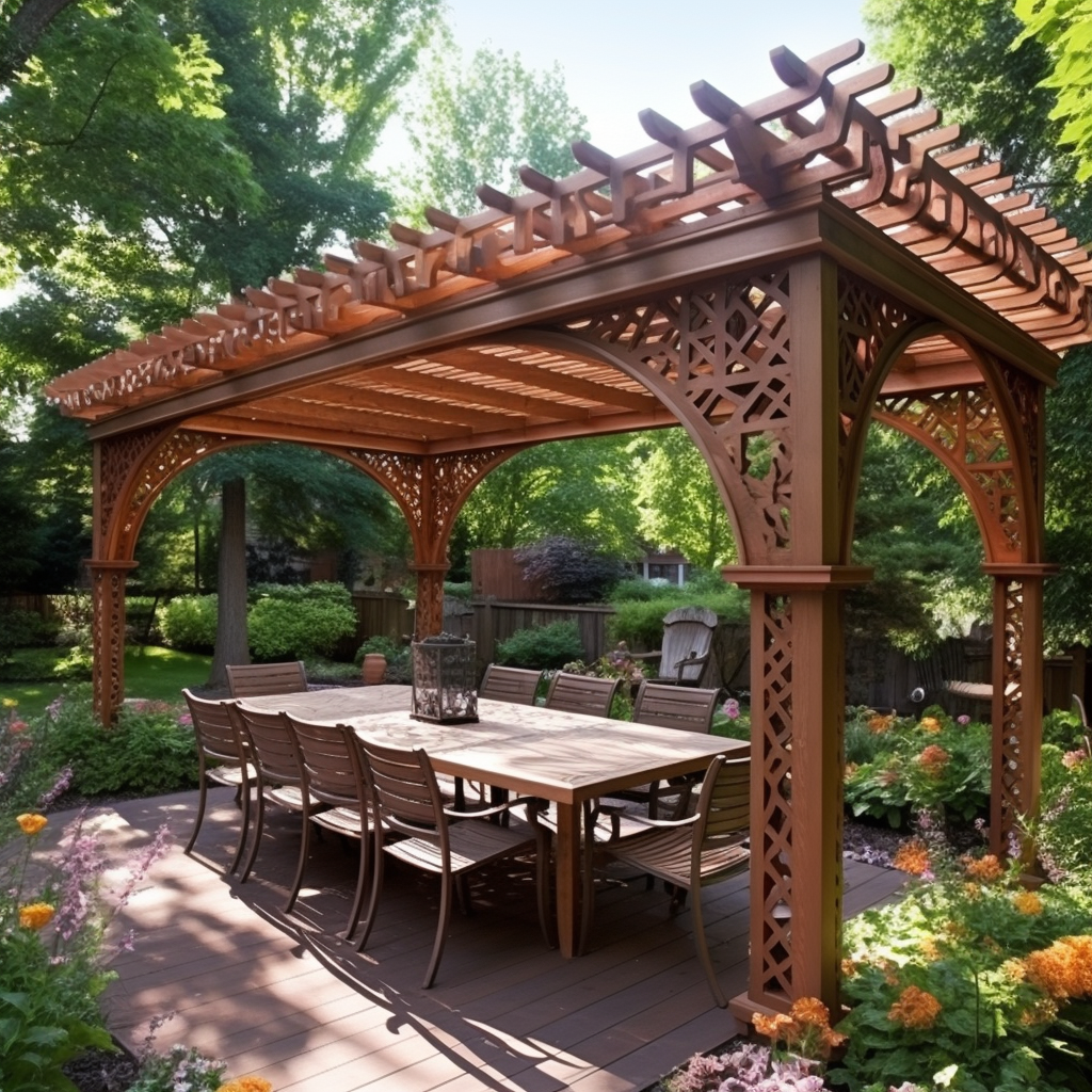 Stylish freestanding pergola with outdoor seating