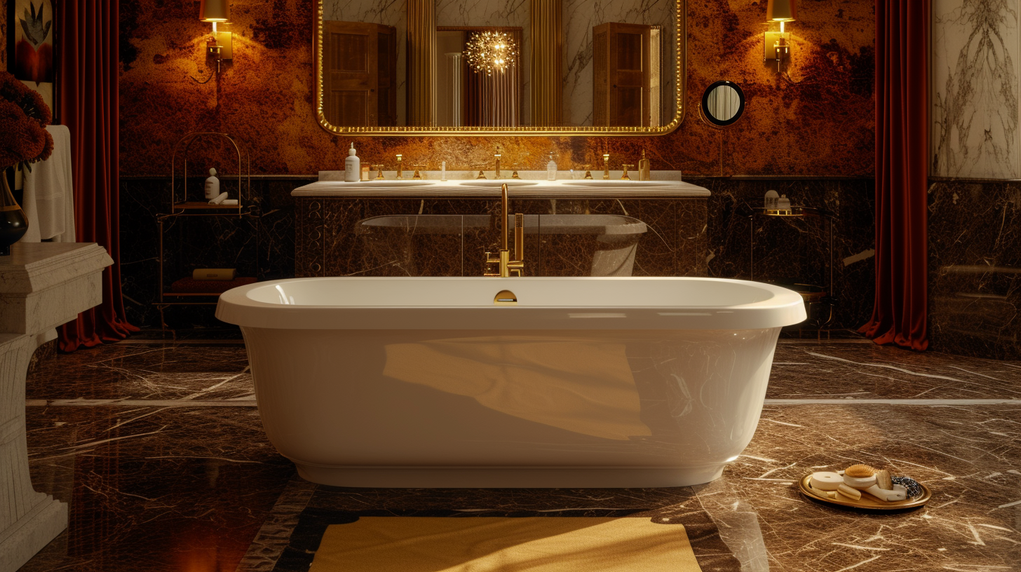 Freestanding soaking tub on marble vanity