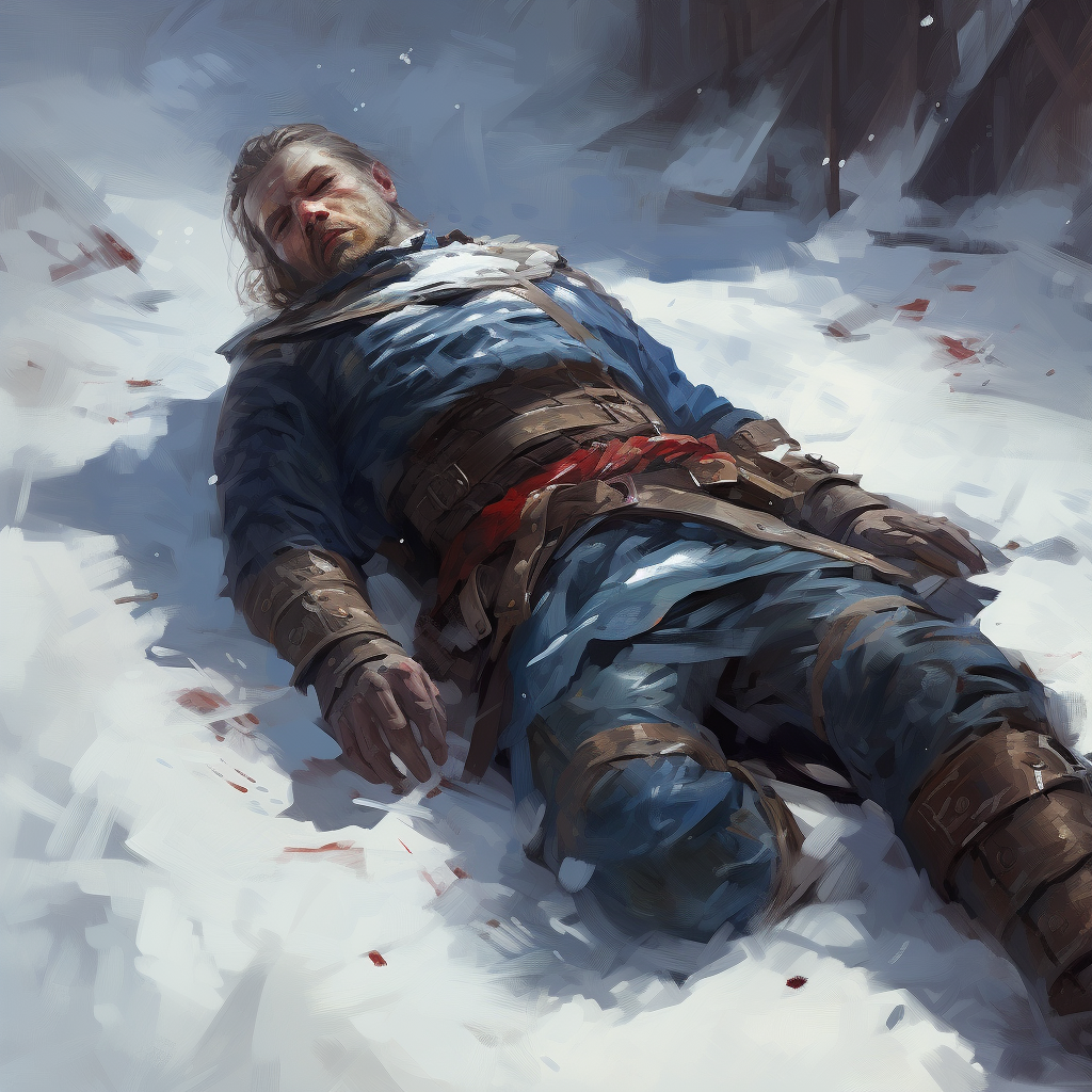 Brave adventurer lying motionless in snow