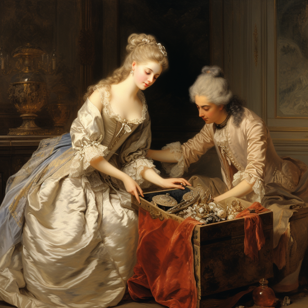 Beautiful rococo art depicts woman placing a box