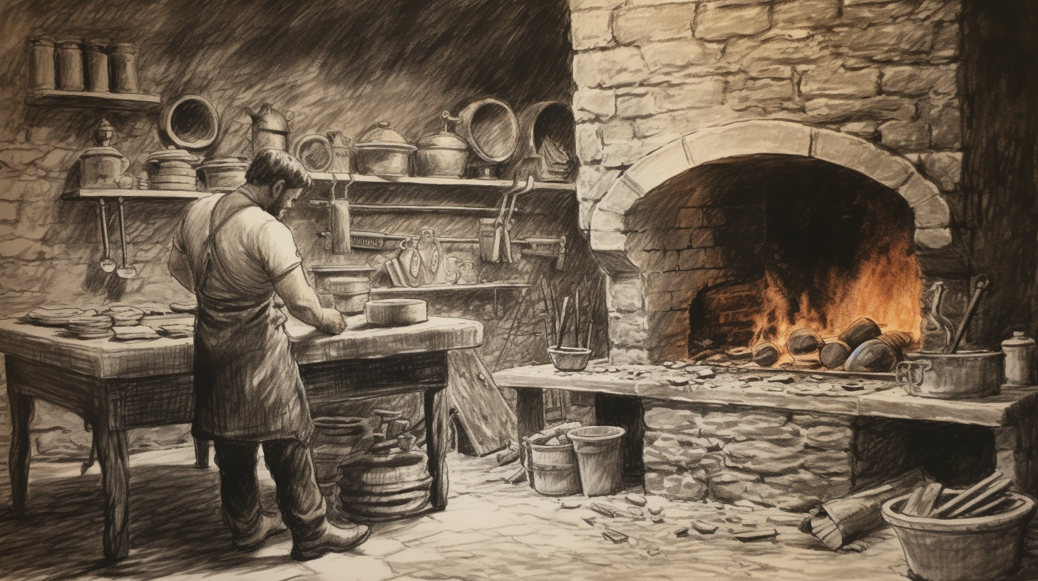 Vintage drawing of a traditional French baker with stone oven