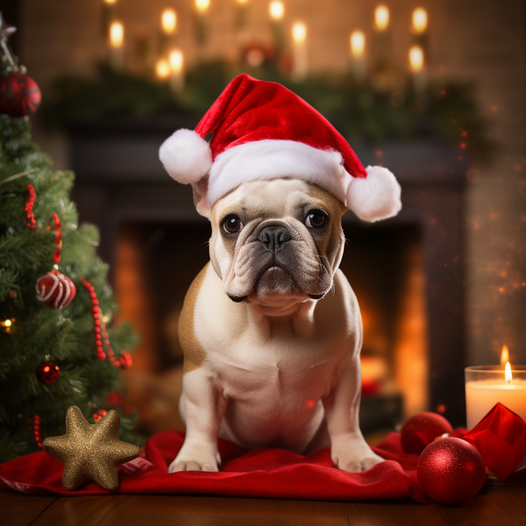 Cute French Bulldog in Santa Hat by the Fire