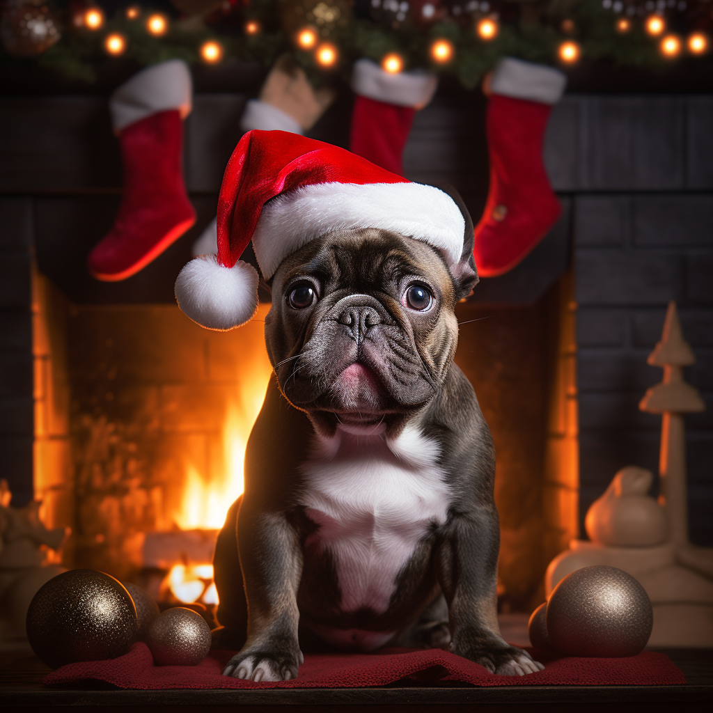 Cute French Bulldog wearing Santa hat by the cozy fire