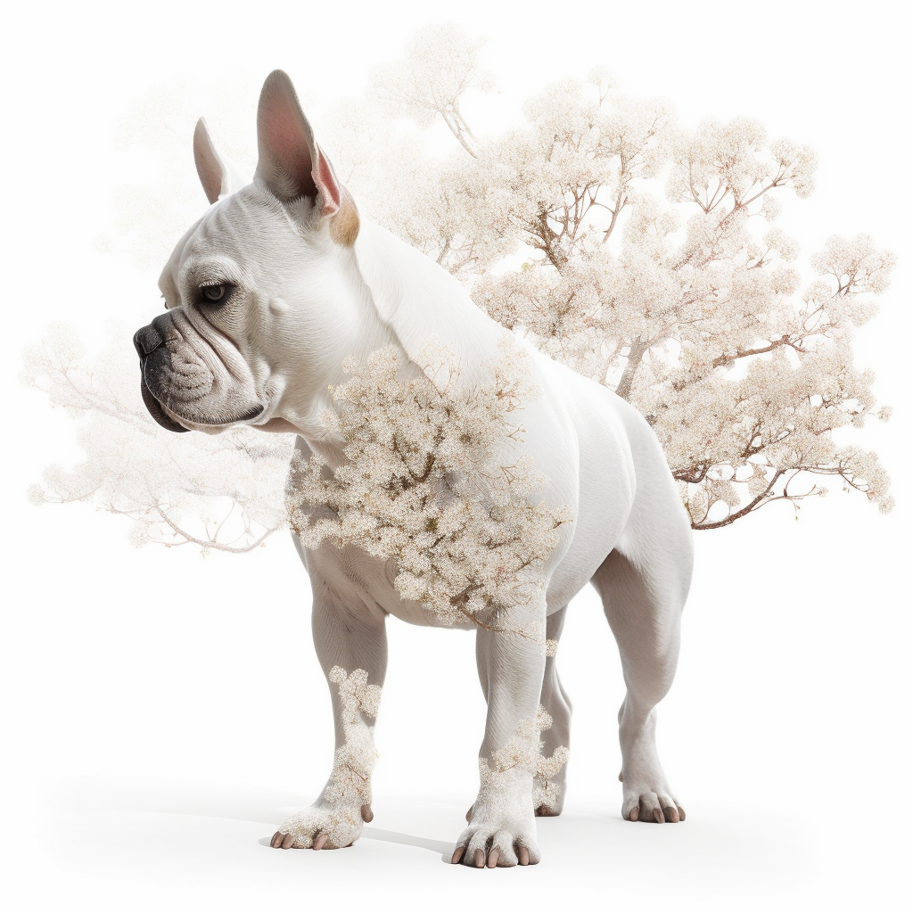 Adorable French Bulldog in a white blossoming tree grove