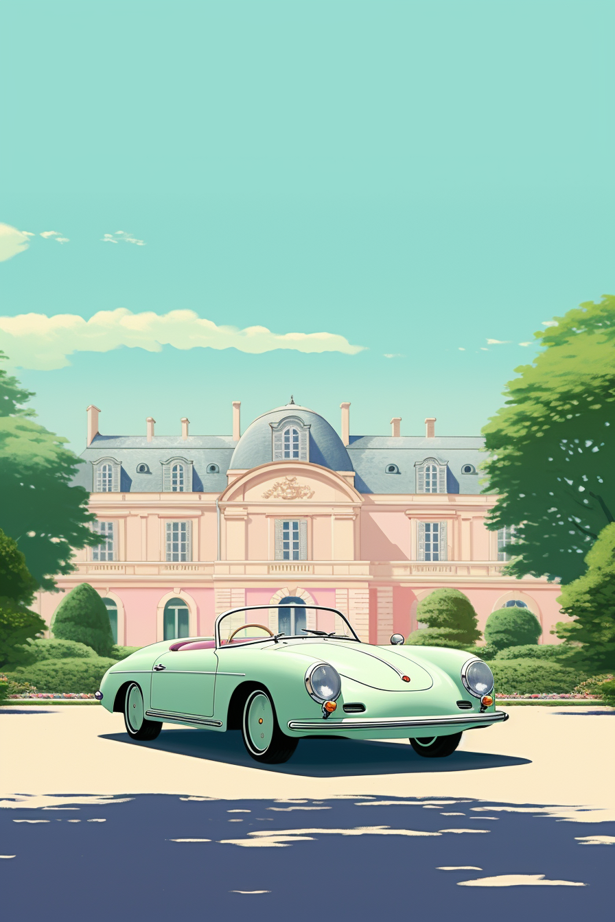 Porsche Speedster parked in French castle garden