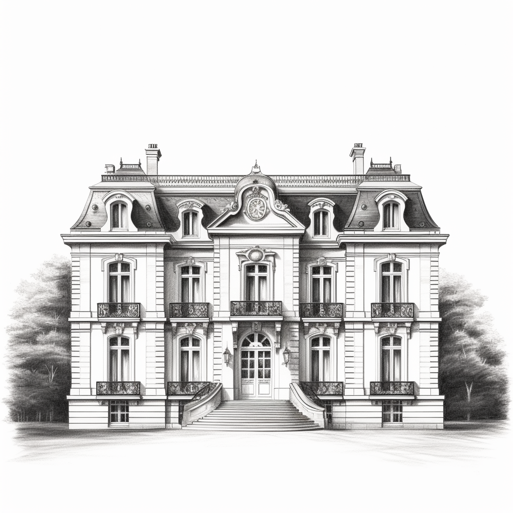 French Chateau Drawing Black White