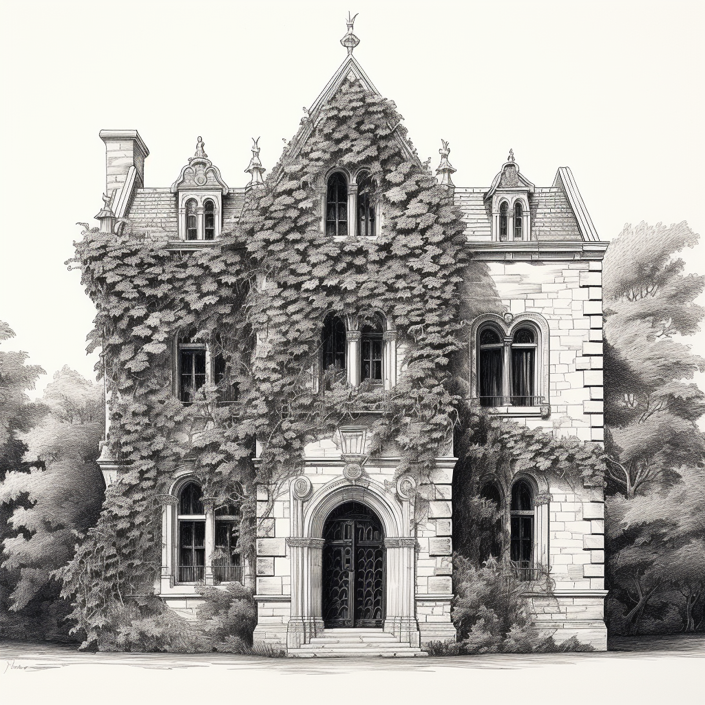 French Chateau with Vines in Black and White