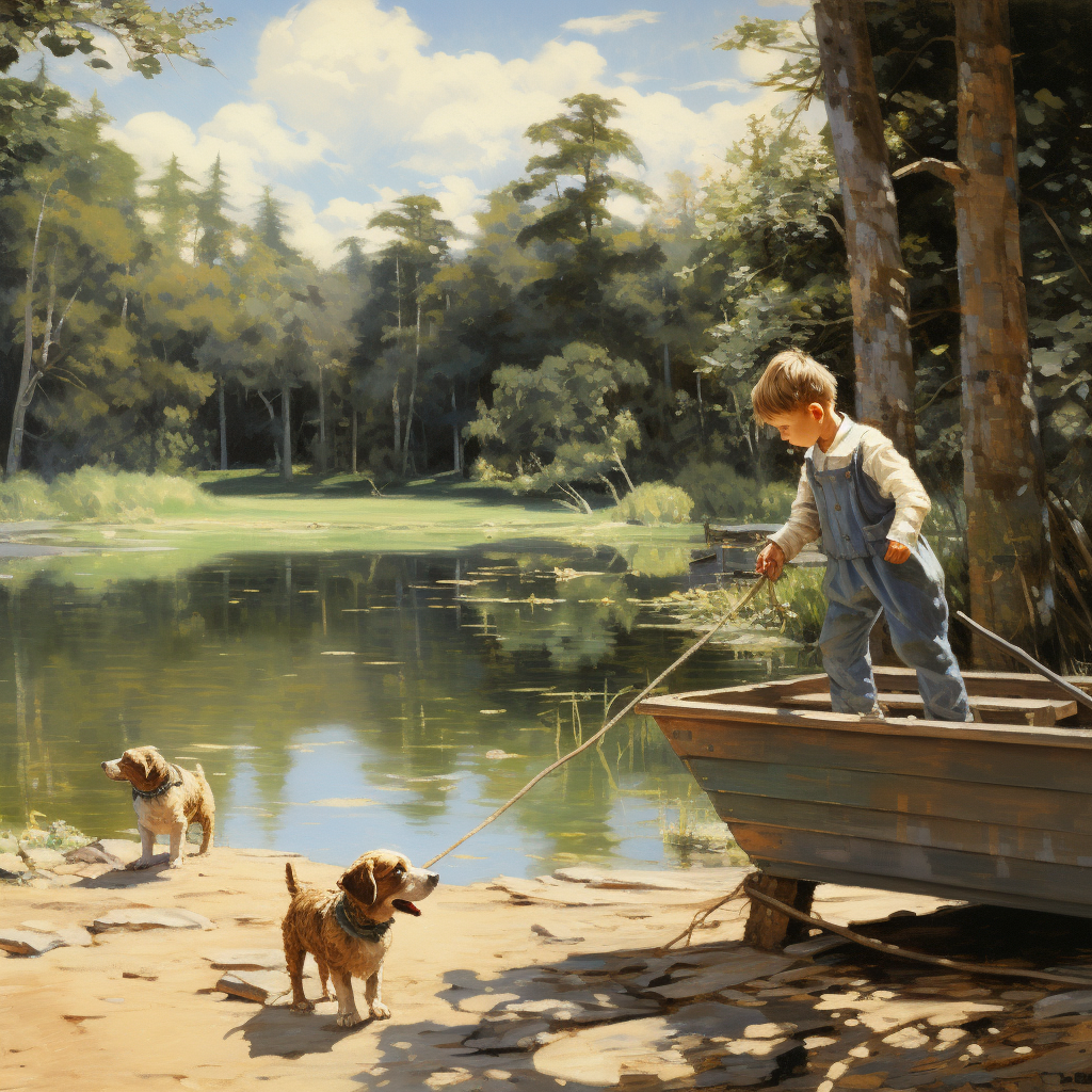 French child playing by lake