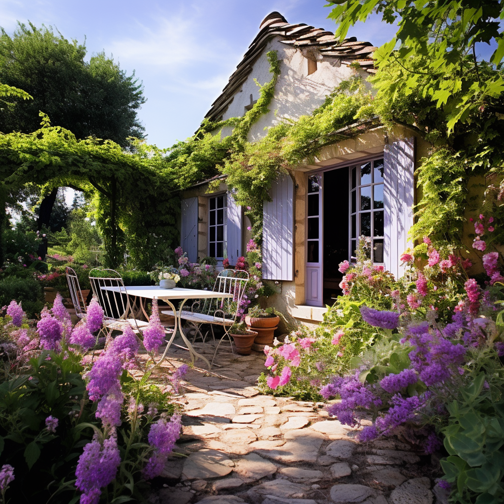 Beautiful French cottage garden with colorful flowers