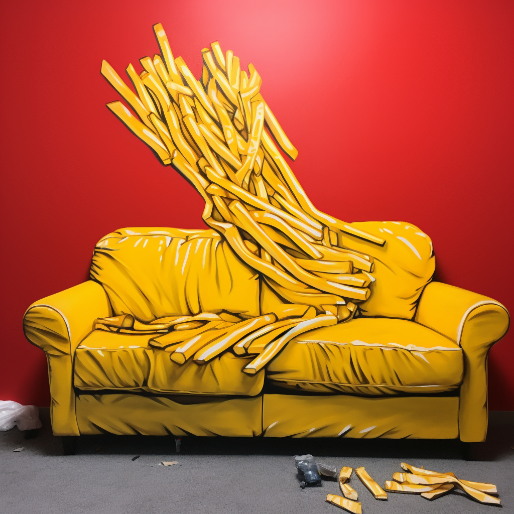 Unique artwork of a French fry on a couch