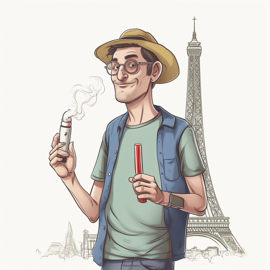 Funny French man vaping on Eiffel Tower caricature