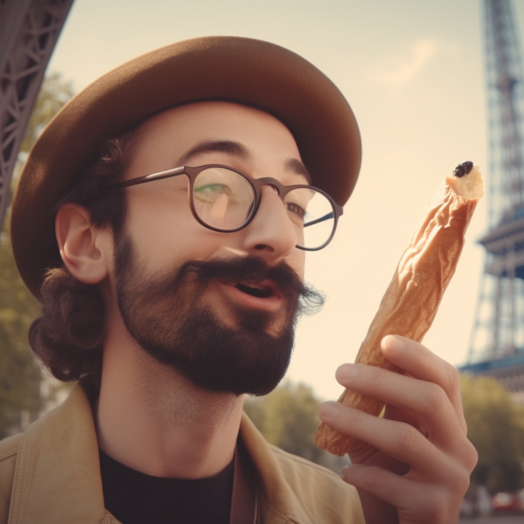 Funny French man with baguette and Eiffel Tower