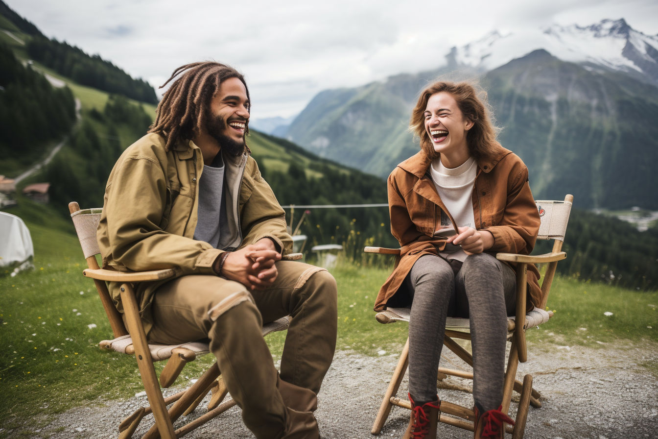 Gen-Z students laughing and chatting in the French Alps