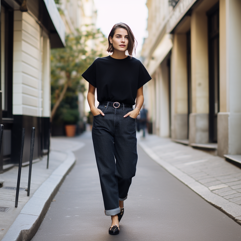 Stylish French girl in tapered denim jeans