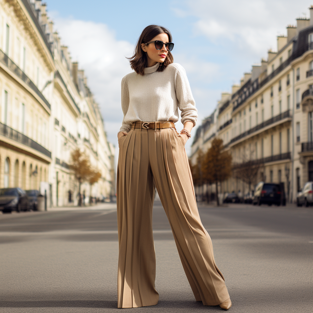 Fashionable French girl in wide-leg pleated trousers