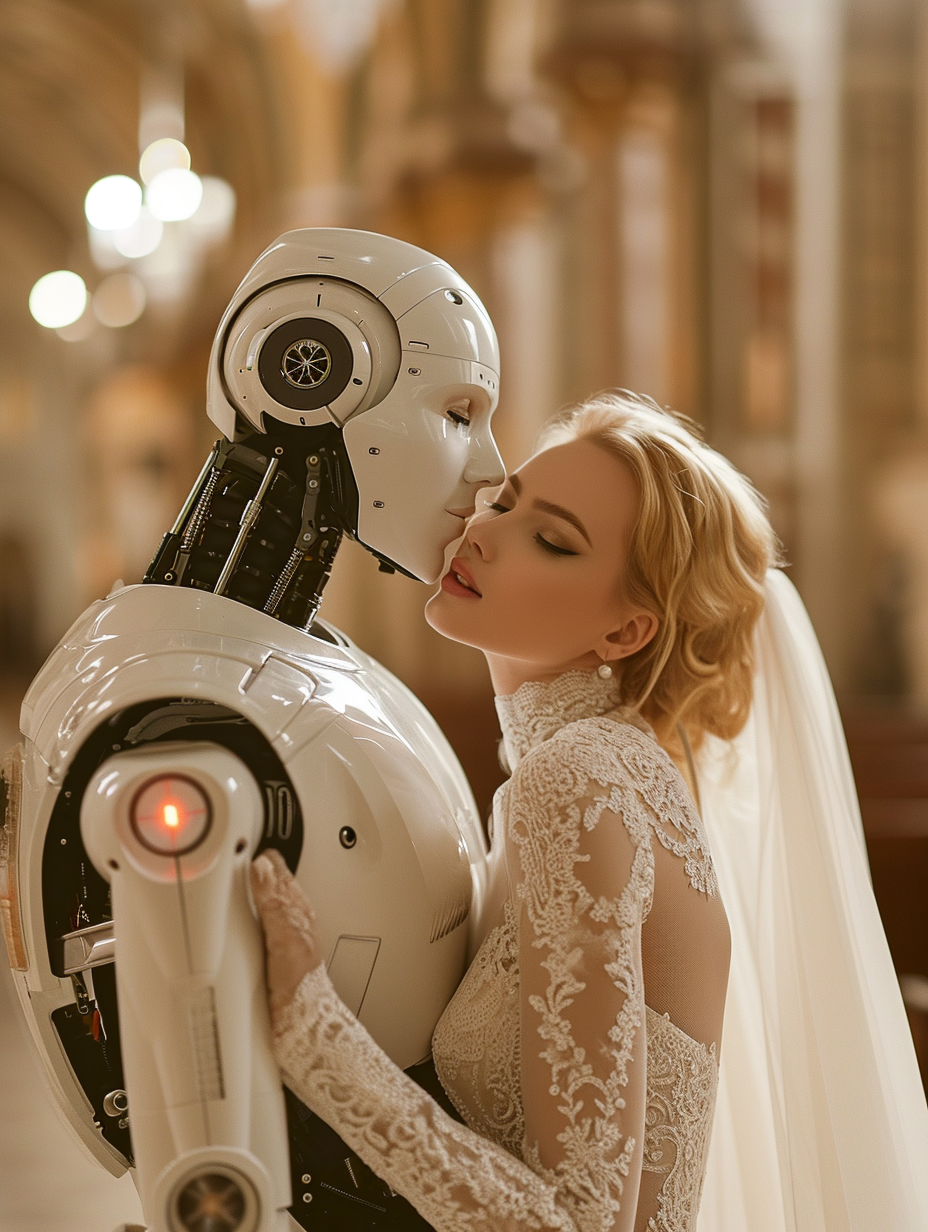 French kiss T-800 robot hugging blonde woman