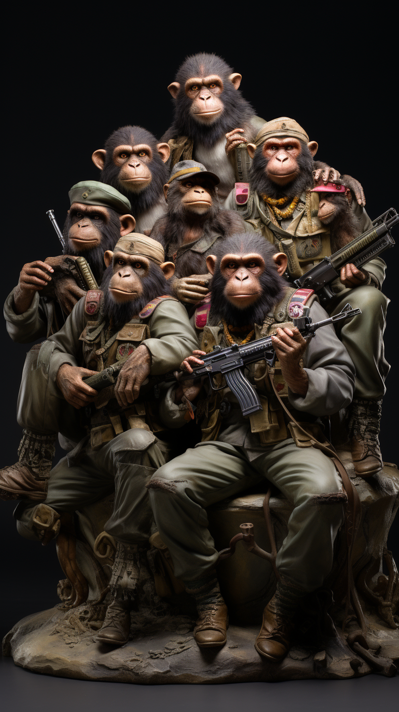 French military soldiers with a monkey companion