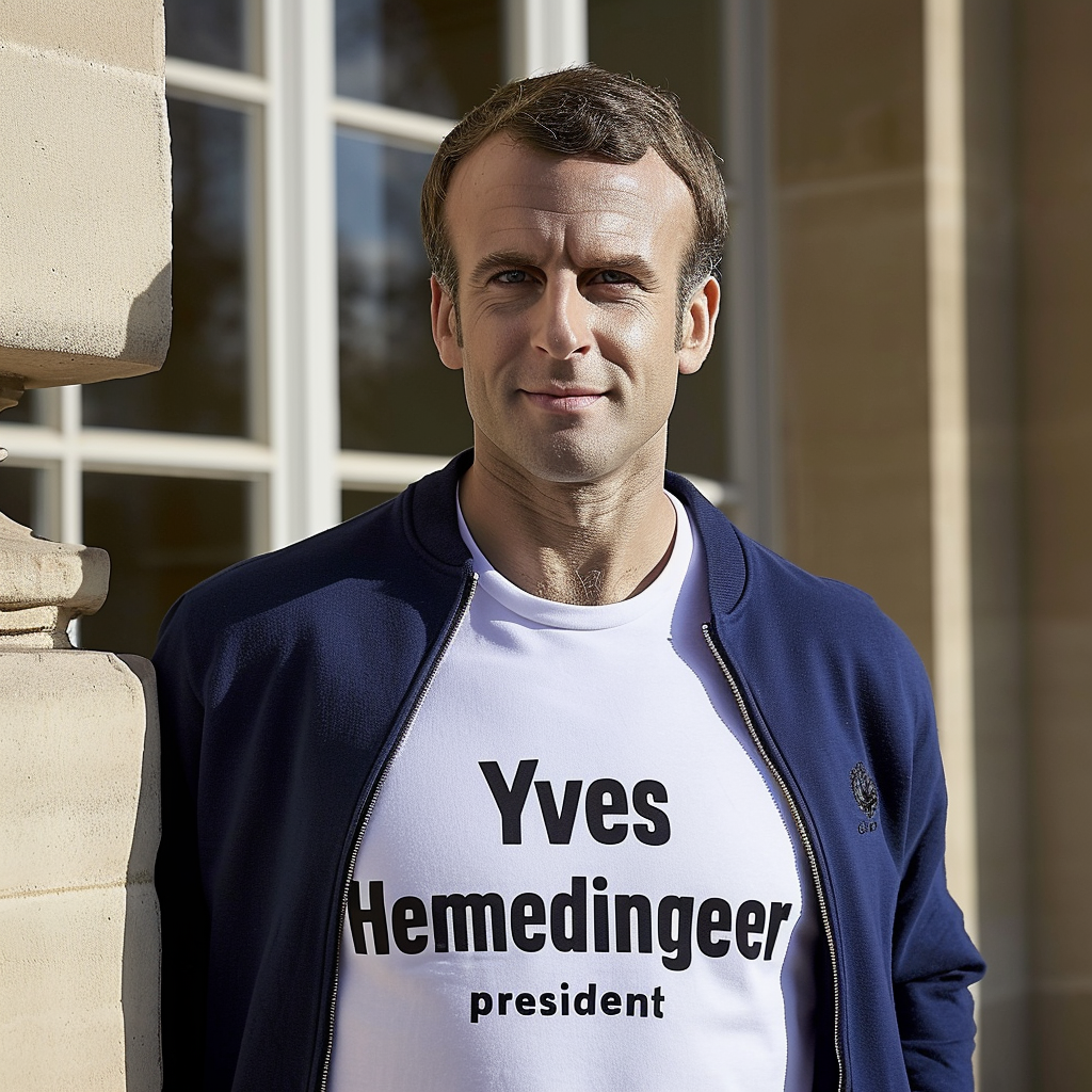 French President Emmanuel Macron in Yves Hemedinger T-Shirt