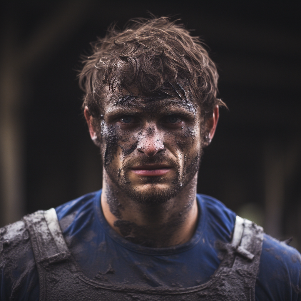 Intense French Rugby Player Amidst Rain and Mud