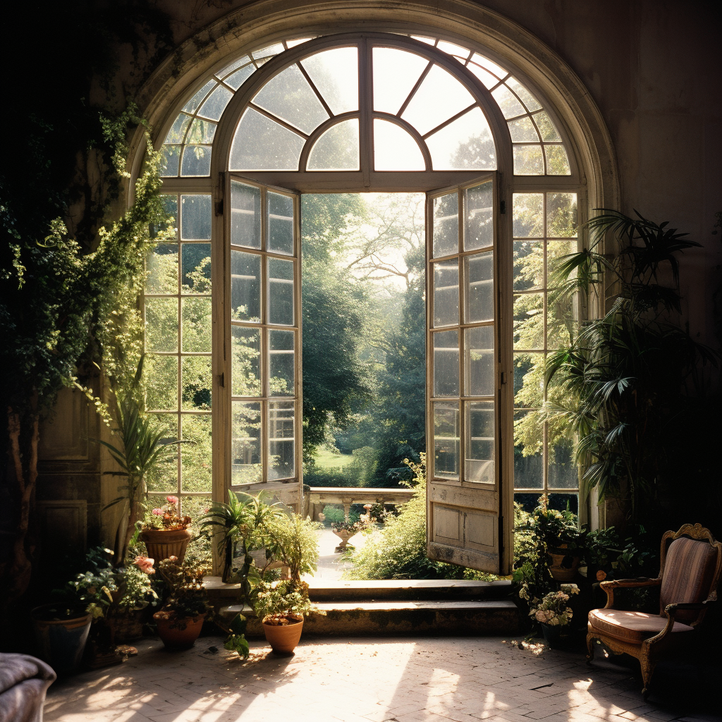 Interior view of a charming French window arch