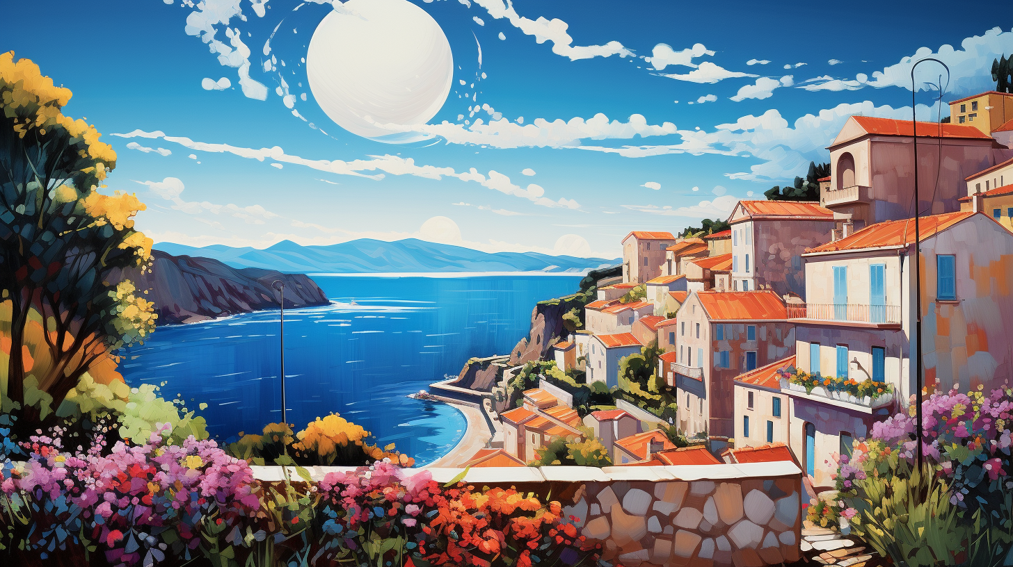 Southern French village with Mediterranean Sea and sunshine