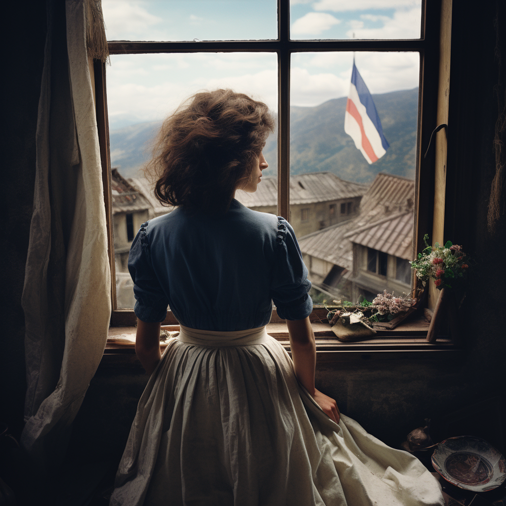 Young woman in floral dress looking out of a French window