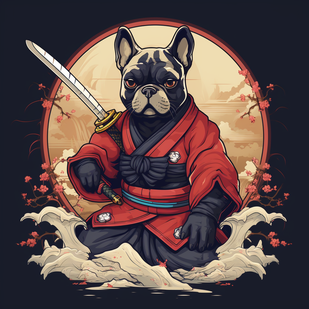 Adorable French Bulldog Samurai Swinging Sword