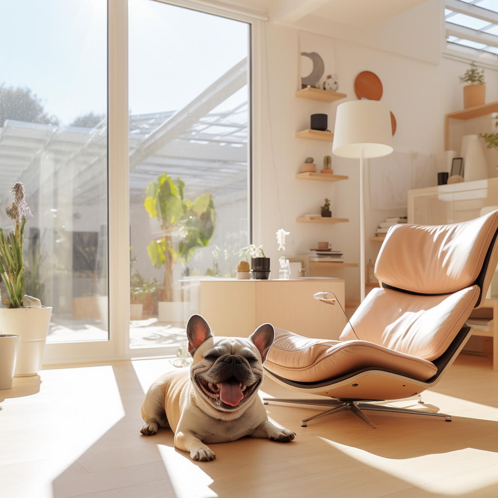 French Bulldog enjoying a sunny living room