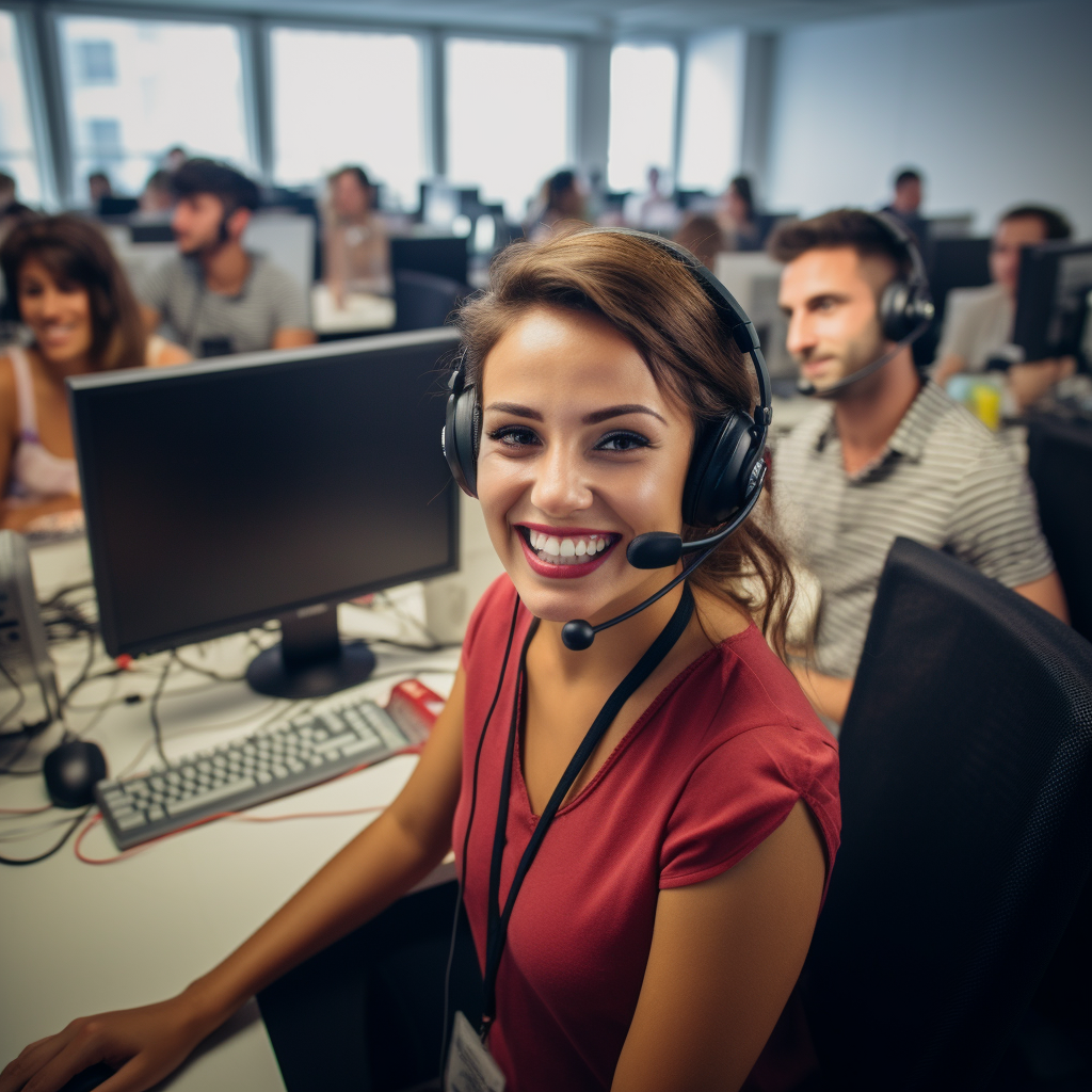 Smiling people working in a French call center