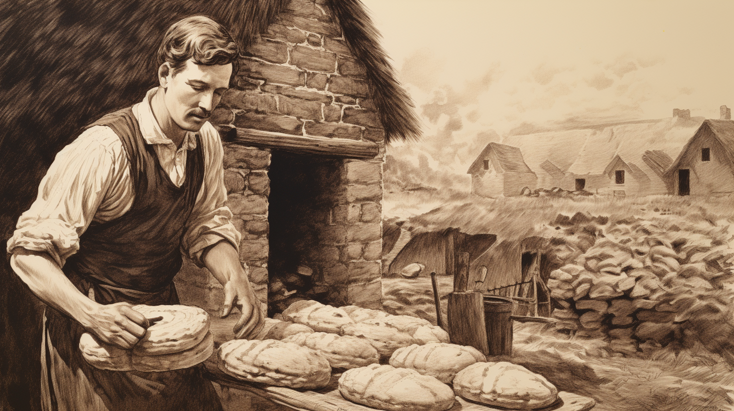 Vintage drawing of a traditional French baker preparing country bread